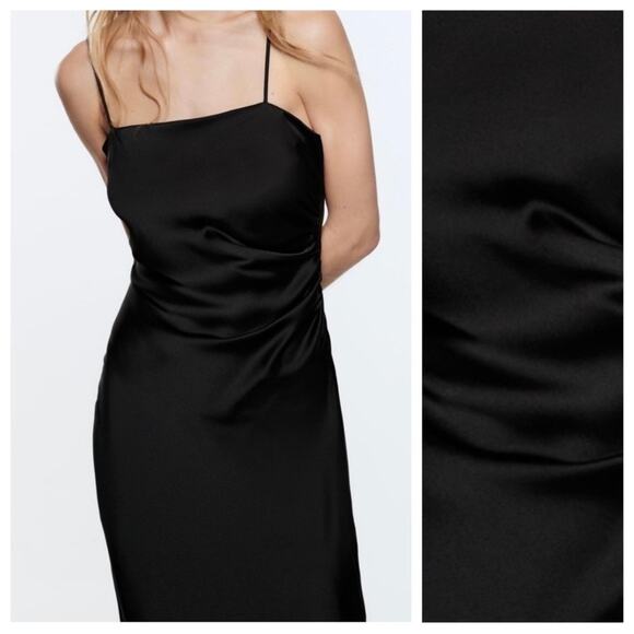 Zara Black Silk Satin Spaghetti Strap Cami Camisole Midi Tank Slip Dress Size M - Picture 3 of 10